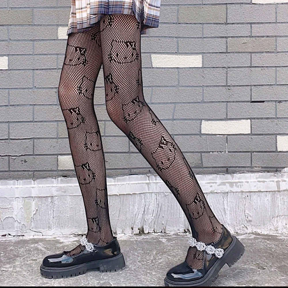 Nylon Black Fishnet Tights Hello Kitty Kawaii Sanrio Mesh Stockings Y2K Style
